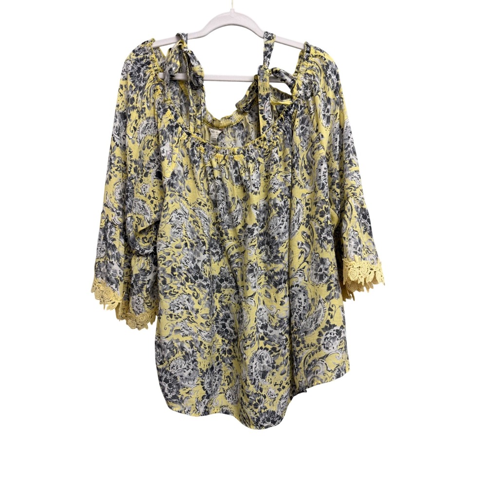 Cato Womens 22/24W Yellow Paisley Cold Shoulder Bell Sleeve Lace Trim Blouse